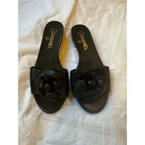 Chanel Camellia Leather Slide Sandals – Black – Size 37.5